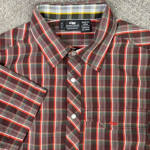 NWOT Outdoor Research Pearl Snap Shirt Men's Small Red Brown Short Sleeve Plaid - Picture 2 of 12